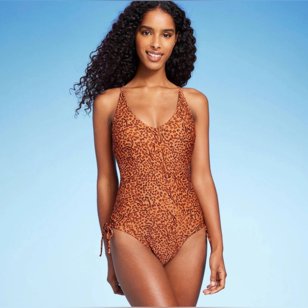 Shade & Shore Women's Side-Tie Plunge One Piece Swimsuit Leopard Size Medium